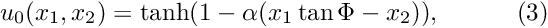 \[ u_0(x_1,x_2) = \tanh(1-\alpha(x_1 \tan\Phi - x_2)), \ \ \ \ \ \ \ \ \ (3) \]