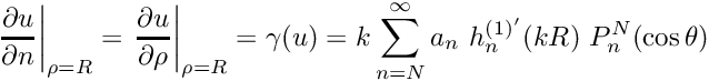 \[ a_{l}=\frac{2l+1}{2 h_{l}^{(1)}(kR)} \frac{(l-N)!}{(l+N)!}\int_{0}^{\pi} u(R,\theta)\ P_{l}^{N}(\cos\theta) \ \sin(\theta) \ d\theta. \]