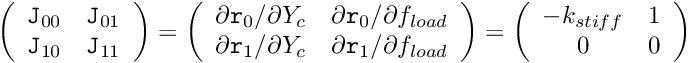 \[ \left( \begin{array}{c} {\tt r}_0 \\ {\tt r}_1 \end{array} \right) = \left( \begin{array}{c} f_{load} - Y_c \ k_{stiff}\\ 0 \end{array} \right). \]