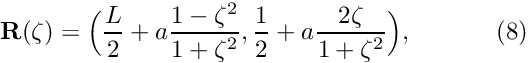 \[ \mathbf{R}(\zeta)=\Big( \frac{L}{2}+ a \frac{1-\zeta^2}{1+\zeta^2}, \frac{1}{2} + a \frac{2\zeta}{1+\zeta^2} \Big), \ \ \ \ \ \ \ \ \ \ (8) \]