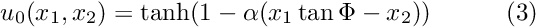 \[ u_0(x_1,x_2) = \tanh(1-\alpha(x_1 \tan\Phi - x_2)) \ \ \ \ \ \ \ \ \ (3) \]