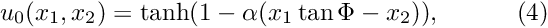 \[ u_0(x_1,x_2) = \tanh(1-\alpha(x_1 \tan\Phi - x_2)), \ \ \ \ \ \ \ \ \ (4) \]
