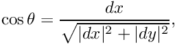\[ \begin{bmatrix} \overline{\cos\theta} & \overline{\sin\theta} \\ -\sin\theta & \cos\theta \end{bmatrix} \begin{bmatrix} dx \\ dy \end{bmatrix} = \begin{bmatrix} r \\ 0 \end{bmatrix}, \]