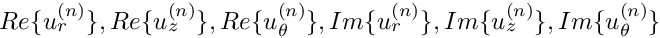 $ Re\{u_r^{(n)}\}, Re\{u_z^{(n)}\}, Re\{u_\theta^{(n)}\}, Im\{u_r^{(n)}\}, Im\{u_z^{(n)}\}, Im\{u_\theta^{(n)}\} $